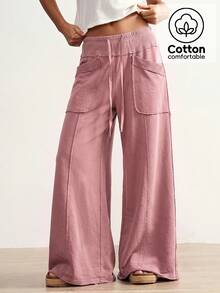 Bohemela Plus Size Women's Solid Color Drawstring Waist Casual Daily Wear Long Pants - Pink - View 1