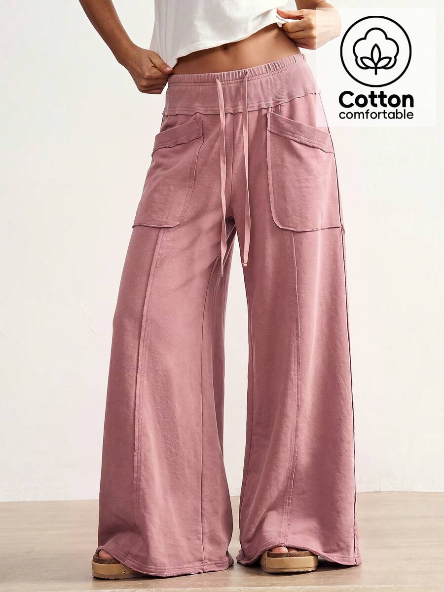 Bohemela Plus Size Women's Solid Color Drawstring Waist Casual Daily Wear Long Pants - Pink - View 1