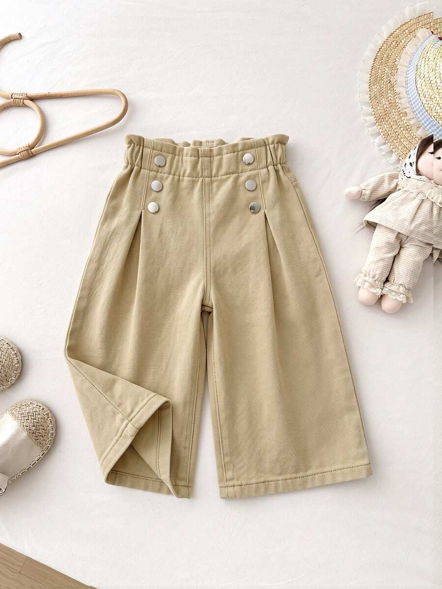 LMoss Kids Baby Girl Ruffle Waist Button Design Casual Denim Loose Long Pants - Khaki - View 1