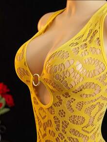 ChaseTheNight Women's Sexy Hollow Out Sheer Halter Neck Deep V-Neck Tight High Elastic Short Mesh Dress, 1pc Night Lounge Fall - Yellow - View 4