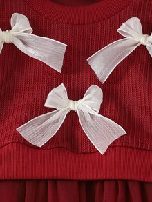 SHEIN Playful Pals 女童甜美優雅公主風波浪裙，酒紅配白色羅紋蝴蝶結網紗拼接長袖圓領常規款，生日派對秋季假期穿搭 - 酒紅色 - 查看 7