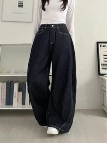 DAZY Women's Loose Straight Leg Casual Jeans With Letter Rhinestone Decor - Dark Wash - View 8
