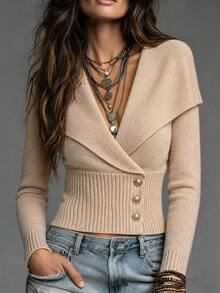 LUMIGAL Women's Solid Color Long Sleeve Single-Breasted Casual Knit Cardigan - Khaki - View 5