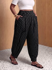 Zivah Plus Size Street Polka Dot Print Pocket Pants For Commute And Vacation - Black - View 10