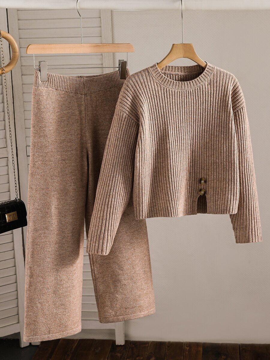 SHEIN 青少年女孩針織素色圓領寬鬆休閒毛衣與長褲兩件套 - 彩色 - 查看 1