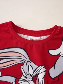 LOONEY TUNES X SHEIN Young Boy Letter Print Short Sleeve T-Shirt And Shorts Set - Red - View 3