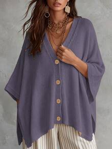 Linhara CURVE Plus Size Women Solid Color Knit Shawl Cardigan V-Neck Metal Button Suitable For Daily Casual Traditional Office Semi Formal Vacation Autumn Beige - Purple - View 5