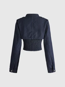 ROMWE Grunge Punk Women's Napoleon Design Cropped Top And Bandeau Top Denim Set - Navy Blue - View 2