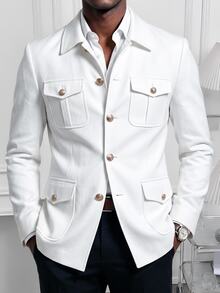 Calvornis Men's Safari Slim Fit Mandarin Collar Multi-Pocket Suit Blazer, Formal, Old Money - White - View 1