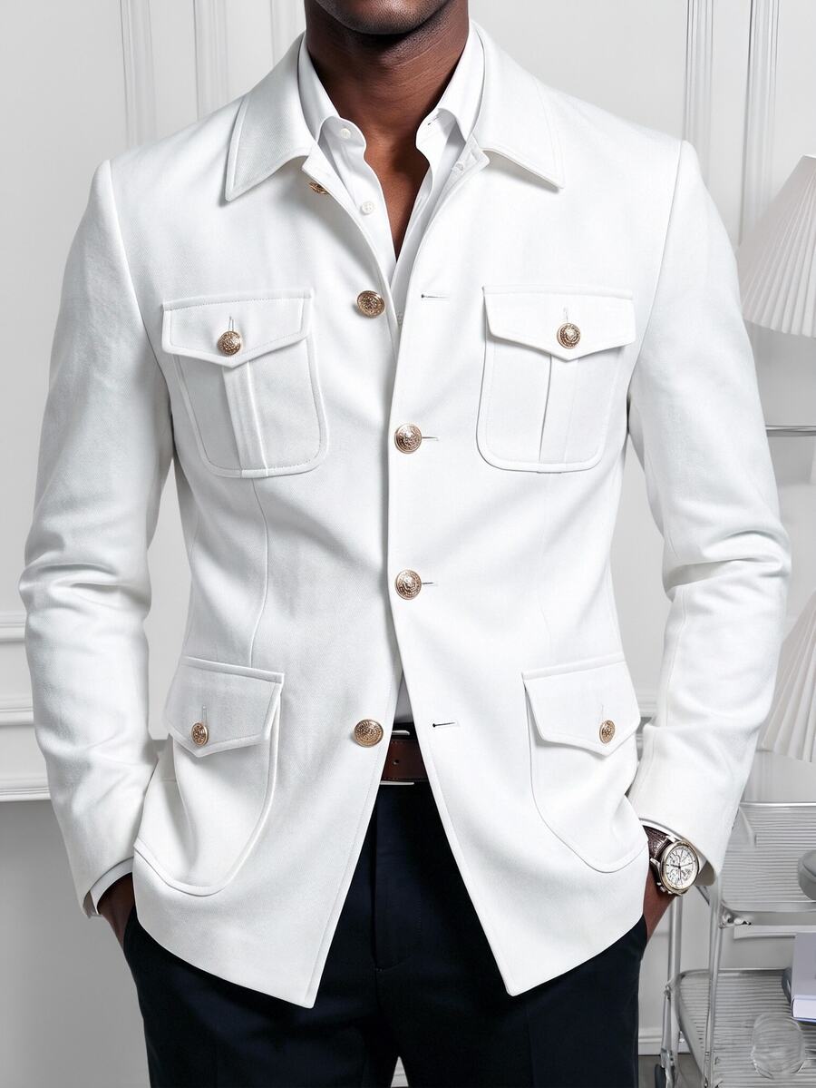 Calvornis Men's Safari Slim Fit Mandarin Collar Multi-Pocket Suit Blazer, Formal, Old Money - White - View 1