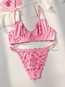 PetitDoll Girls Pink Rose Embroidered Lingerie Set, Lace Trim V-Neck Underwire Bra With Adjustable Shoulder Straps And Back Closure, 2-Piece Women's Bra And Panty Set - Pink - View 2