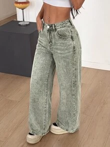 SHEIN PETITE Women's Casual Daily Denim Jeans With Pockets And Buttons - Army Green - View 7