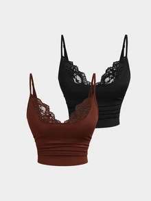 Sweetra Setelan Atasan 2 Potong Wanita Ukuran Plus Eropa dengan Motif Renda, Potongan Pendek Tanpa Punggung, Model Slimming, dan Atasan Tanpa Lengan Berbahan Pendek. - Hitam - View 1