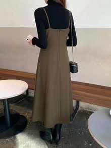 DAZY Solid Color Fitted Waist Flare Strap Dress Elegant Vacation Korean Style Spring Autumn Long Dress For Women - Brown - View 2