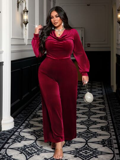 NU&NOW Burgundy Elegant Velvet Jumpsuit For Women, Autumn/Winter, Sexy Cowl Neck, Long Sleeve, Cinched Cinched Waist Wide Leg One-Piece