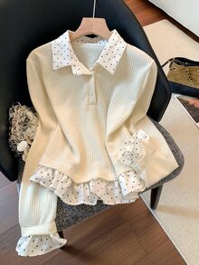 GlowEve CURVE Autumn/Winter Plus Size 2 In 1 Polka Dot Patchwork Ribbed Commute Casual French Elegant Multi-Occasion Plus Size Shirt - Apricot - View 1