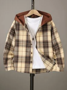 SHEIN Casuvi Kids 青少年男孩格紋長袖連帽襯衫 - 卡其色 - 查看 1
