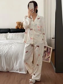 Napfluff Women's Bubble Crinkle Cartoon Pony Print Pajama Set, Spring/Autumn, Lapel Cardigan, Long Sleeve, Long Pants, Loose Fit, Cute Homewear, 2 Pieces Set - Beige - View 4
