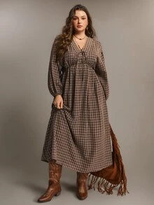 Freevana Plus Size Women's Autumn/Winter Plaid Long Sleeve Casual Elegant Dress - Brown - View 5
