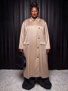 Slaydiva Elegant Commute & Date Champagne Satin Lapel Loose Long Shirt Plus Size Fall - Apricot - View 9