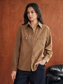 Anewsta Autumn Khaki Color Fashion Modern Commute Casual Patchwork Beaded Decor Corduroy Women's Shirt - Khaki - View 5