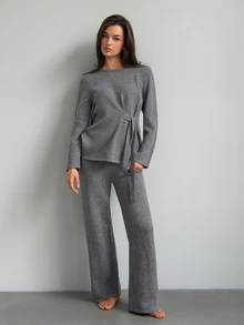 Livesso Women's Solid Color Long Sleeve Top And Pants Casual Daily Loungewear Set - Grey - View 12