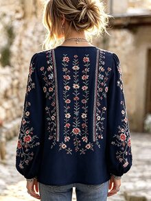 SHEIN قميص نسائي بنمط زهري للاستخدام اليومي العادي - أزرق بحري - مشاهدة 2