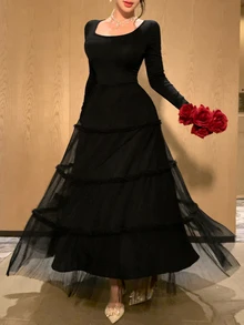 DAZY Women's Solid Color Square Neck Long Sleeve Elegant Mesh Full Skirt Dress - Black - View 5