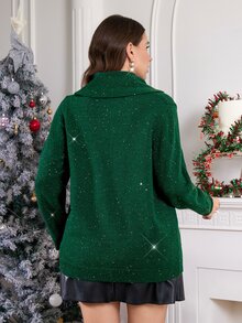 SHEIN Clasi Plus Size Autumn/Winter Cowl Neck Glitter Pullover Sweater Christmas Elegant Party Green Top Sequin - Green - View 2