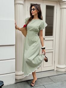 Serisse 女款格紋圓領荷葉邊短袖優雅長洋裝 - 彩色 - 查看 7
