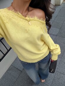 Siren Gaze 女款露肩針織上衣，蕾絲飾邊，寬鬆落肩長袖毛茸茸毛衣，適合秋冬穿著，優雅女款毛衣 - 黃色 - 查看 3