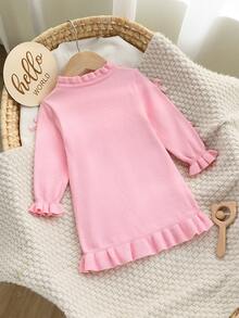 SHEIN Baby Girls Sweater Dress, Bow Lace Trim Round Neck Long‑Sleeve Dress - Baby Pink - View 2