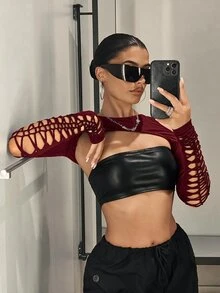 SHEIN ICON Cut Out Super Black Crop Top Without Bra - Burgundy - View 4