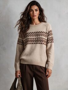 Solivie Women's Autumn/Winter Jacquard Fashion Long Sleeve Sweater - Camel - View 3