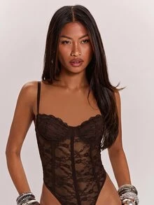 SHEIN BAE 春夏音樂節派對高街風蕾絲鋼圈性感女款連身衣，適合派對活動、日常出遊、辣妹穿搭、夜店、音樂節、演唱會 - 咖啡棕 - 查看 7