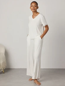 Ocili Women's Solid Color Minimalist Daily V-Neck Comfortable Soft Lace Short Sleeve Drawstring Long Pants Pajama Set - White - View 4
