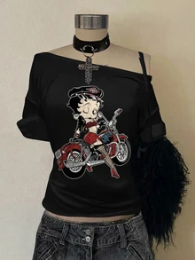 Attitoon Betty Boop x SHEIN 女款卡通印花不對稱單肩T恤，街頭海灘度假風 - 黑色 - 查看 1