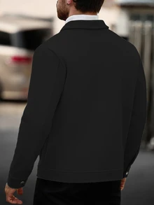Manfinity CasualCool 男士素色休閒街頭風長袖外套，秋季黑色鈕扣外套，適合度假派對 - 黑色 - 查看 2