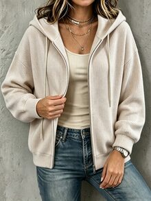 Breezaya Middle-Aged Women Solid Color Drop Shoulder Long Sleeve Zipper Front Drawstring Hooded Sweatshirt - Khaki - View 5