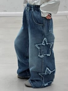 Dazy Kids Tween Girl) Casual Straight Leg Elastic Waist Star Decor Denim Jeans - Dark Wash - View 5