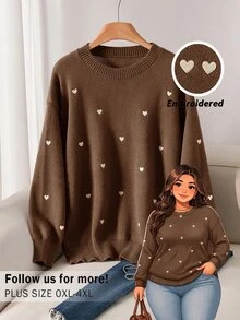 CosyJoli Plus Size Elegant French Style Vacation Commute Romantic Date Casual Premium Minimalist Pink Heart Embroidery Knit Pullover Sweater For Fall/Winter - Coffee Brown - View 3