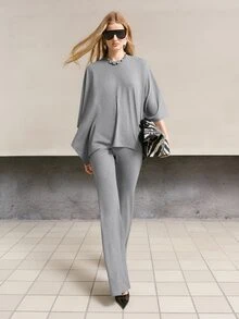 MOTF PREMIUM WOMEN'S SOLID COLOR TOP AND FLARE PANTS CASUAL DAILY 2 PIECES SET - Grey - View 5