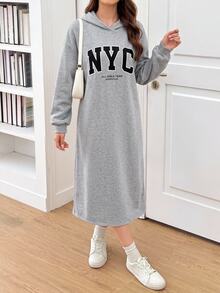 SHEIN Teen Girl Autumn/Winter Thermal Lined Hooded Long Sleeve Dress, Suitable For Daily Fashion Wear - Light Grey - View 1
