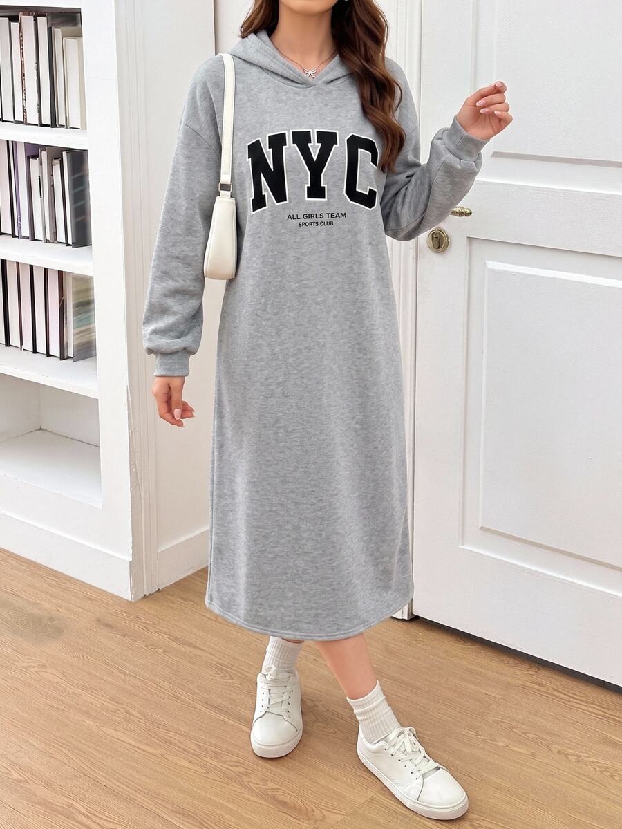 SHEIN Teen Girl Autumn/Winter Thermal Lined Hooded Long Sleeve Dress, Suitable For Daily Fashion Wear - Light Grey - View 1