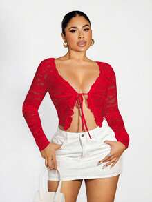 Sirith Women's Sexy Sheer Lace Ruffle Tie-Front Cardigan - Red - View 3