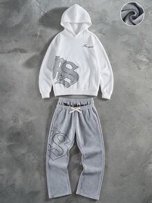 SHEIN 2件組兒童青少年男孩休閒極簡秋季新款Y2K嘻哈風酷英文字母圖案寬鬆連帽衛衣與長款喇叭褲套裝，適合秋冬穿著 - 灰色 - 查看 4