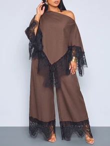 SOLERSUN Plus Size Women's Lace Patchwork Asymmetric Shoulder Top And Pants Casual Elegant Daily 2 Pieces Set Fall Brunch Party Brown - Coffee Brown - View 3