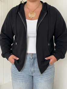 SHEIN EZwear بلوزة رياضية كاجوال مقاس كبير بسحاب وأكمام طويلة وغطاء رأس مع جيوب - الأسود - مشاهدة 4