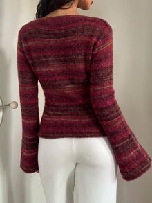 Aloruh Women's Striped Casual Versatile Daily Long Sleeve Sweater - Burgundy - View 2