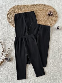 SHEIN BABY GIRLS 3-Pack Ribbed Knit Leggings, Solid Black Skinny Fitted Long Pants, Soft Breathable Cotton Everyday Bottom Trousers For Fall Outfits - Black - View 3